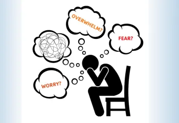 Graphic image of a human silhouette with hands on its head with thought bubbles about worry, stress, fear and anxiety