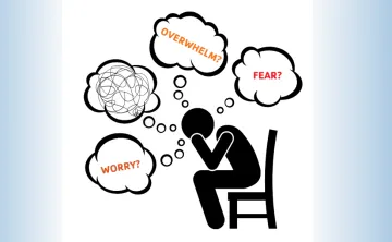 Graphic image of a human silhouette with hands on its head with thought bubbles about worry, stress, fear and anxiety